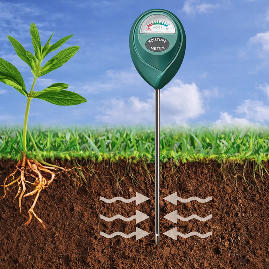 Soil moisture meter inserted into plant soil showing moisture levels with roots and greenery