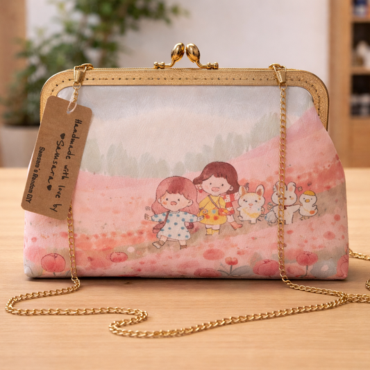 Pastel illustrated clutch bag with children and animal design and gold frame displayed on a light oak surface