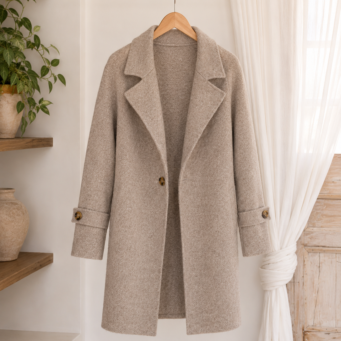 Woman’s taupe soft knit coatigan in a neutral minimalist setting.