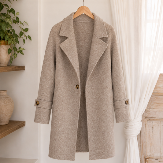 Woman’s taupe soft knit coatigan in a neutral minimalist setting.