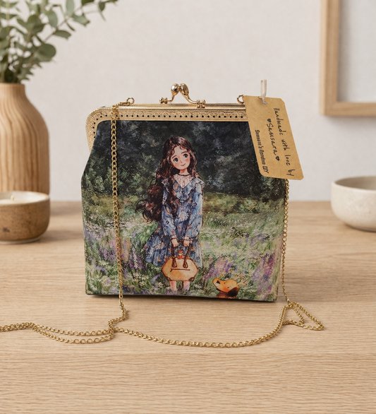 Vintage-style illustrated clutch bag with gold frame and chain strap displayed on a light oak surface