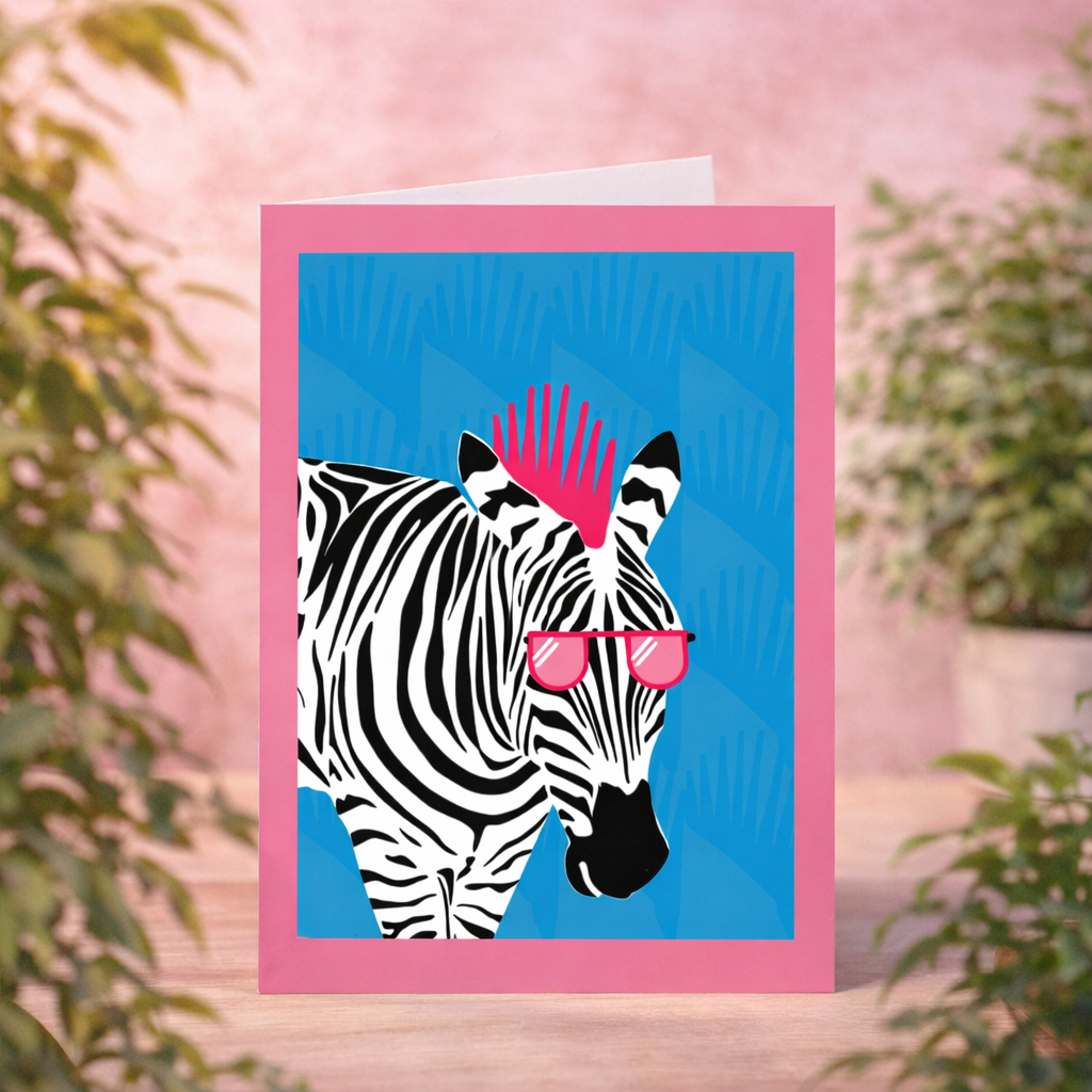 zebra greeting card with pink sunglasses funky blank card with pink envelope