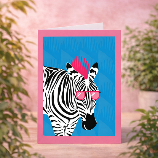 zebra greeting card with pink sunglasses funky blank card with pink envelope